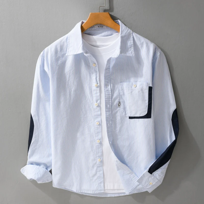 Herren Gestreiftes Overshirt‑Hemd mit Kontrast‑Ellbogenpatches und aufgesetzter Brusttasche Drune