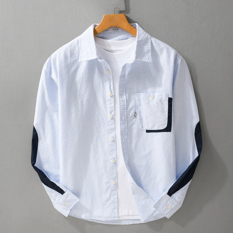 Herren Gestreiftes Overshirt‑Hemd mit Kontrast‑Ellbogenpatches und aufgesetzter Brusttasche Drune