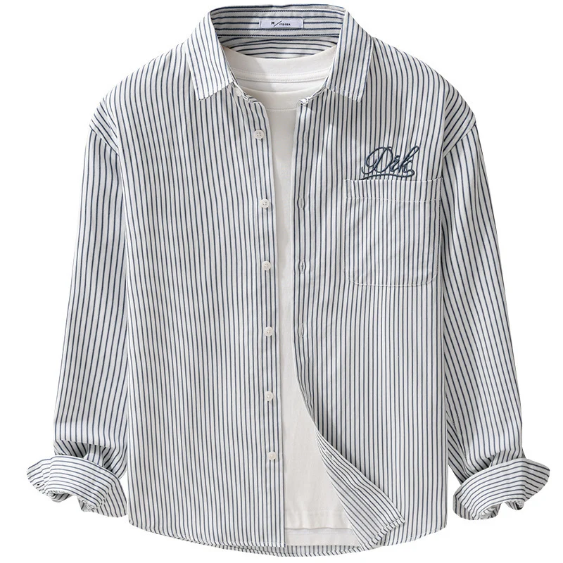 Herren Gestreiftes Overshirt‑Hemd mit Brusttasche und tonalem Logo‑Stick Drune