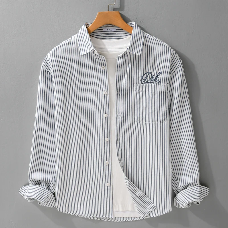 Herren Gestreiftes Overshirt‑Hemd mit Brusttasche und tonalem Logo‑Stick Drune