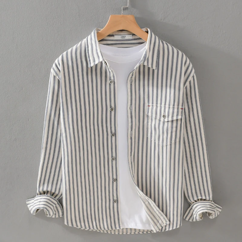 Herren Gestreiftes Overshirt aus leichter Baumwollmischung mit Brustklappe und Relaxed-Fit Drune