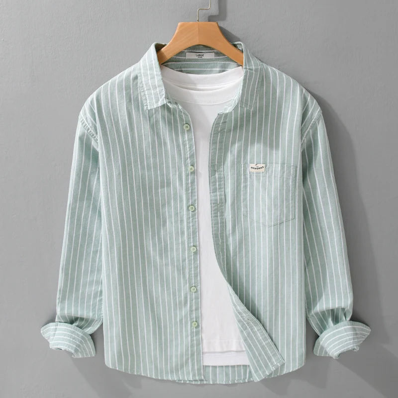 Herren Gestreiftes Layering-Overshirt aus softem Baumwollmix mit Kentkragen und aufgesetzter Brusttasche Drune