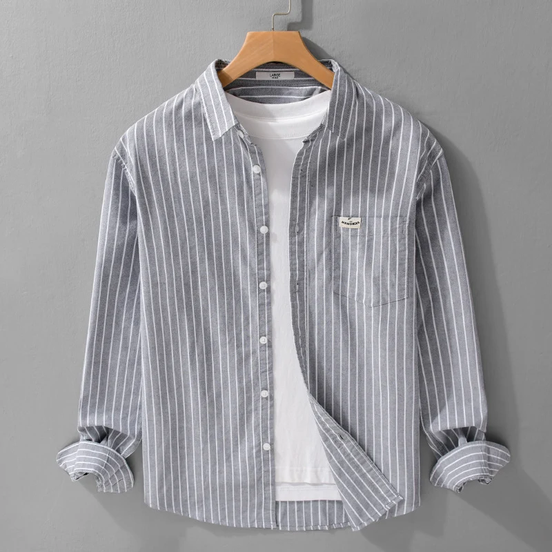 Herren Gestreiftes Layering-Overshirt aus softem Baumwollmix mit Kentkragen und aufgesetzter Brusttasche Drune