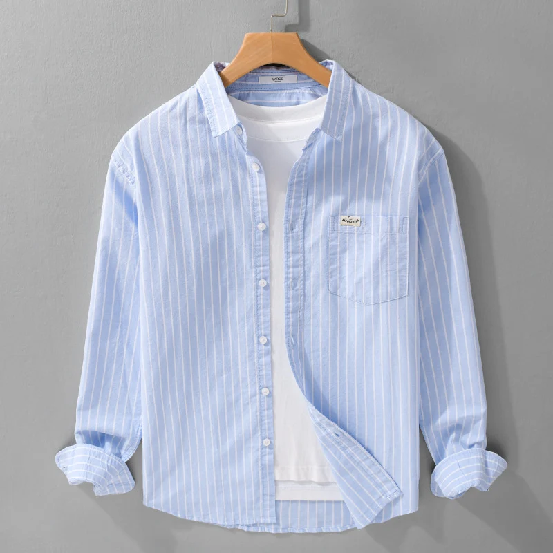 Herren Gestreiftes Layering-Overshirt aus softem Baumwollmix mit Kentkragen und aufgesetzter Brusttasche Drune