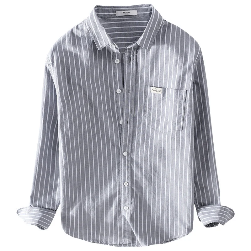 Herren Gestreiftes Layering-Overshirt aus softem Baumwollmix mit Kentkragen und aufgesetzter Brusttasche Drune