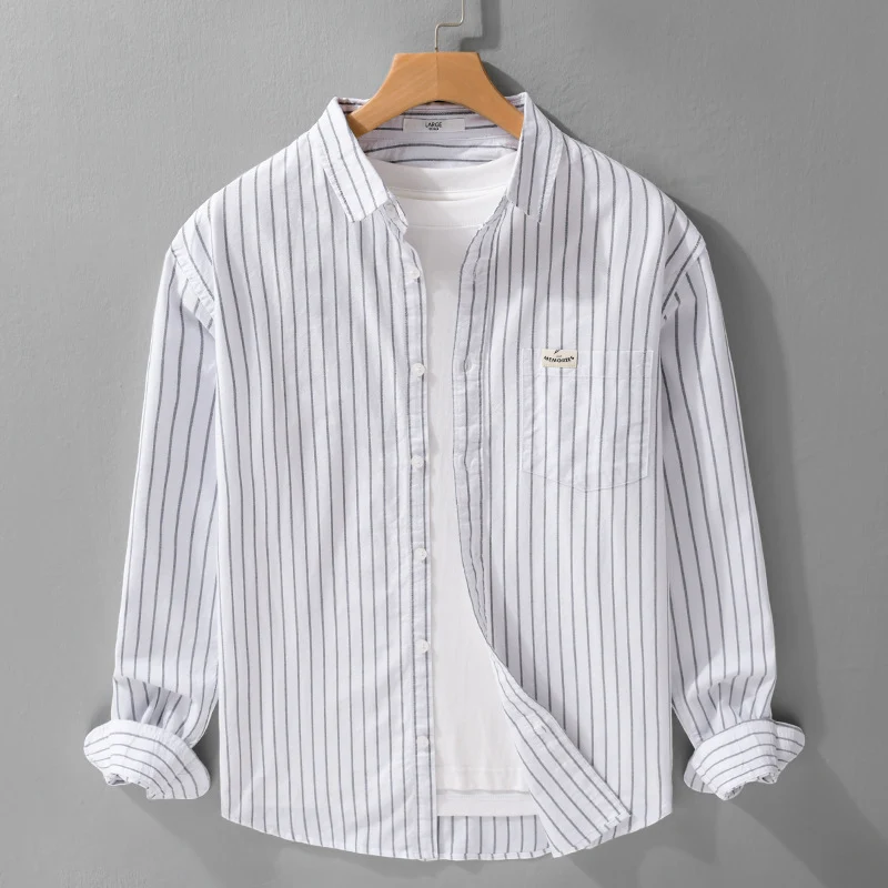 Herren Gestreiftes Layering-Overshirt aus softem Baumwollmix mit Kentkragen und aufgesetzter Brusttasche Drune