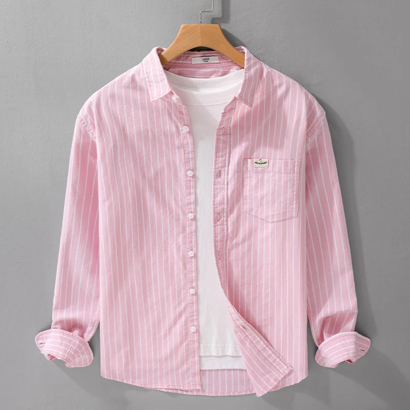 Herren Gestreiftes Layering-Overshirt aus softem Baumwollmix mit Kentkragen und aufgesetzter Brusttasche Drune