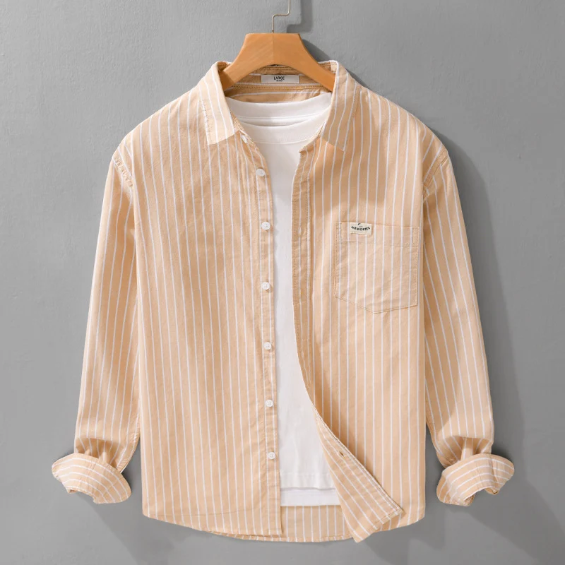 Herren Gestreiftes Layering-Overshirt aus softem Baumwollmix mit Kentkragen und aufgesetzter Brusttasche Drune