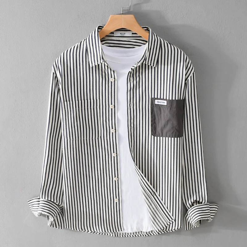 Herren Gestreiftes Langarm-Overshirt aus Baumwollmix mit kontrastierter Brusttasche Drune