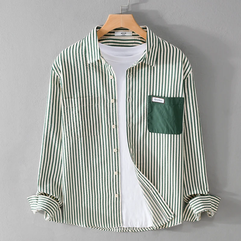 Herren Gestreiftes Langarm-Overshirt aus Baumwollmix mit kontrastierter Brusttasche Drune