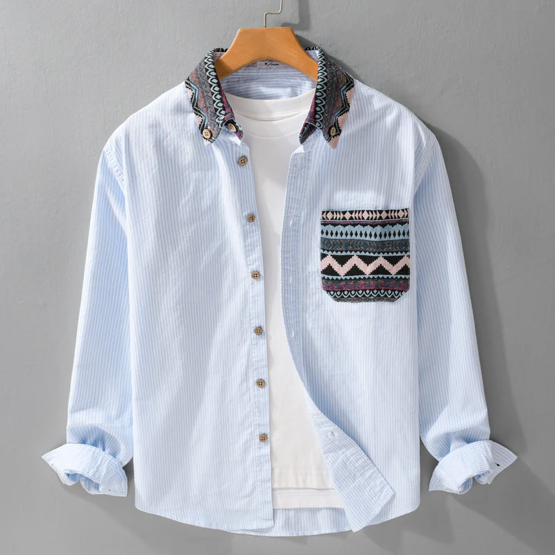 Herren Gestreiftes Baumwollhemd mit Jacquard-Kragen und Taschenbesatz Drune