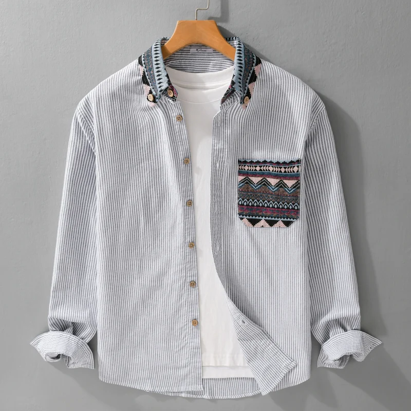 Herren Gestreiftes Baumwollhemd mit Jacquard-Kragen und Taschenbesatz Drune