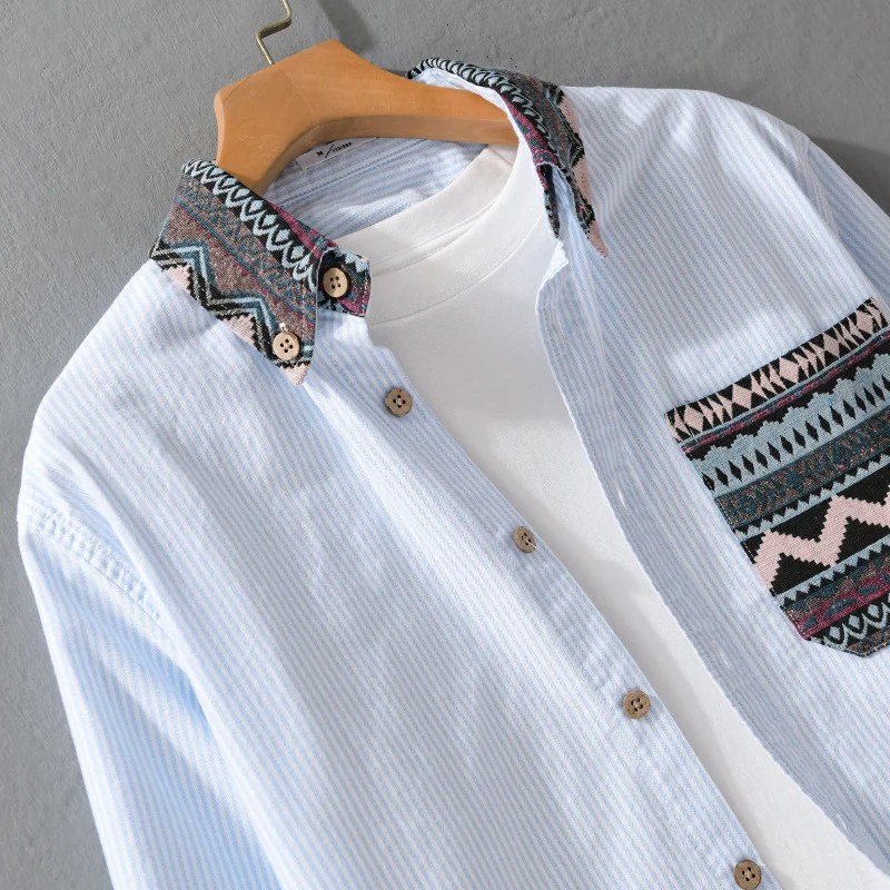 Herren Gestreiftes Baumwollhemd mit Jacquard-Kragen und Taschenbesatz Drune