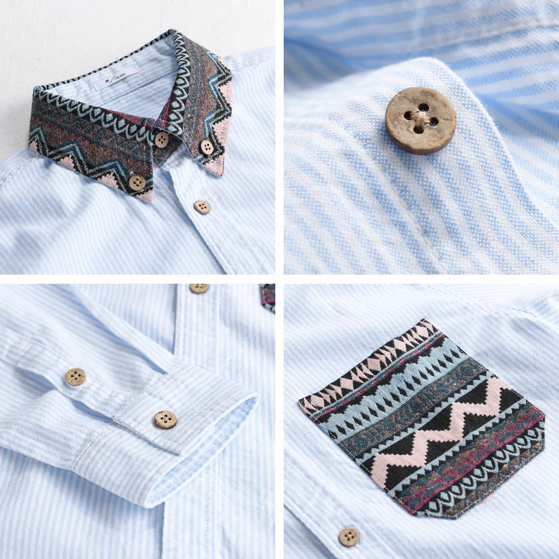 Herren Gestreiftes Baumwollhemd mit Jacquard-Kragen und Taschenbesatz Drune