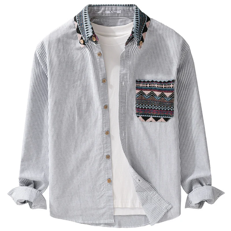 Herren Gestreiftes Baumwollhemd mit Jacquard-Kragen und Taschenbesatz Drune