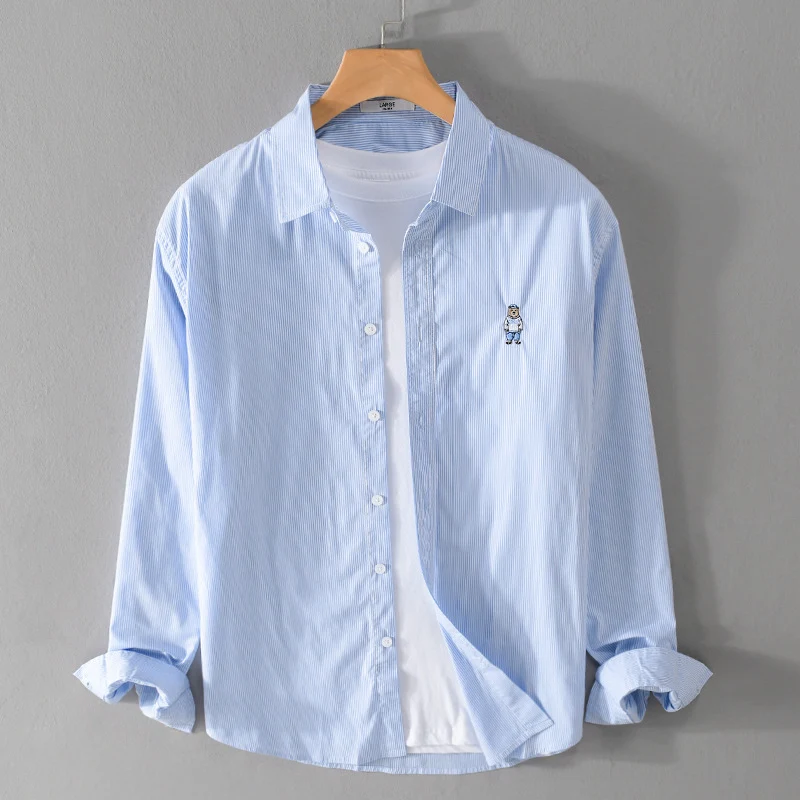 Herren Gestreiftes Baumwollhemd mit feiner Stickerei und relaxed Schnitt Drune