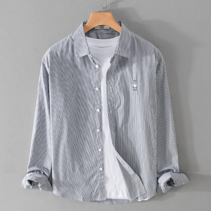 Herren Gestreiftes Baumwollhemd mit feiner Stickerei und relaxed Schnitt Drune