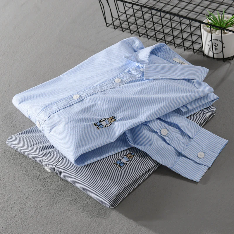 Herren Gestreiftes Baumwollhemd mit feiner Stickerei und relaxed Schnitt Drune