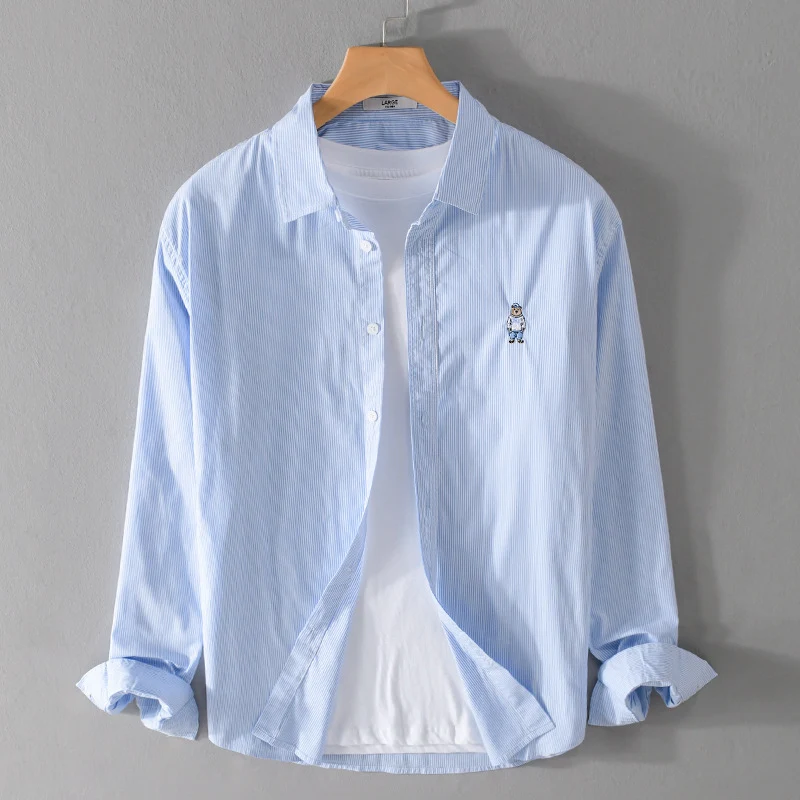 Herren Gestreiftes Baumwollhemd mit feiner Stickerei und relaxed Schnitt Drune