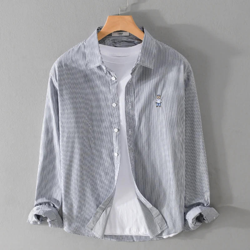 Herren Gestreiftes Baumwollhemd mit feiner Stickerei und relaxed Schnitt Drune