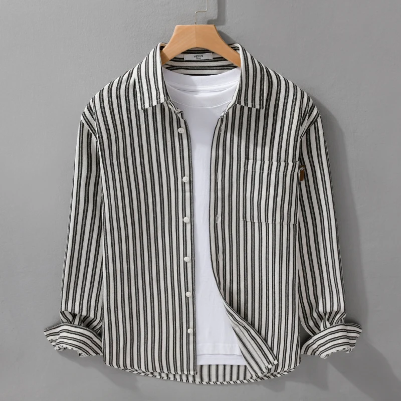 Herren Gestreiftes Baumwoll-Overshirt mit aufgesetzter Brusttasche und softem Crinkle-Finish Drune