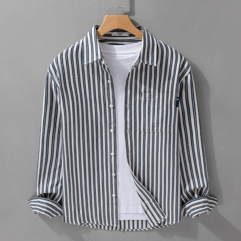 Herren Gestreiftes Baumwoll-Overshirt mit aufgesetzter Brusttasche und softem Crinkle-Finish Drune