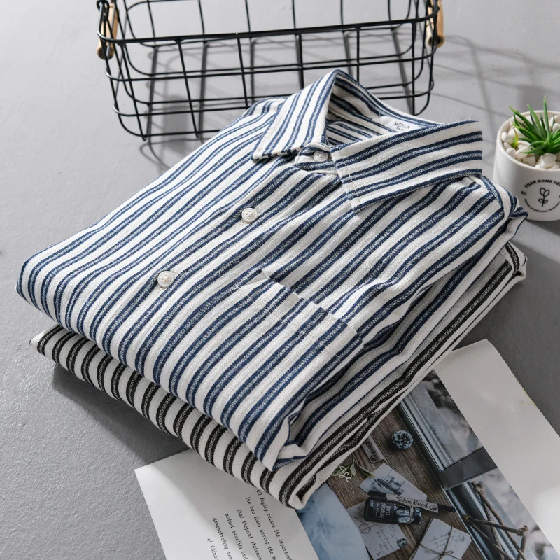 Herren Gestreiftes Baumwoll-Overshirt mit aufgesetzter Brusttasche und softem Crinkle-Finish Drune