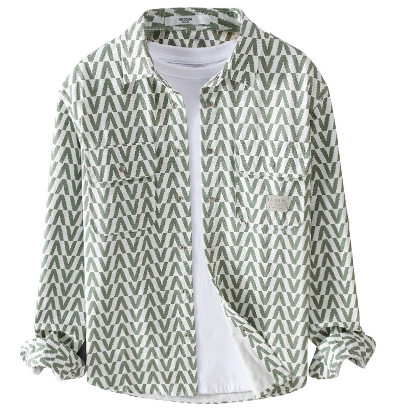 Herren Gemustertes Overshirt aus Baumwollmix mit geometrischem V‑Muster, aufgesetzten Brusttaschen und Relaxed‑Fit Drune