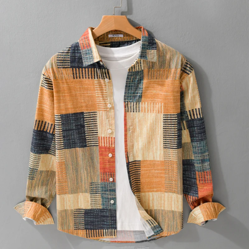 Herren Gemustertes Langarm-Hemd im Patchwork-Look aus leichtem Baumwollmix Relaxed Fit Drune