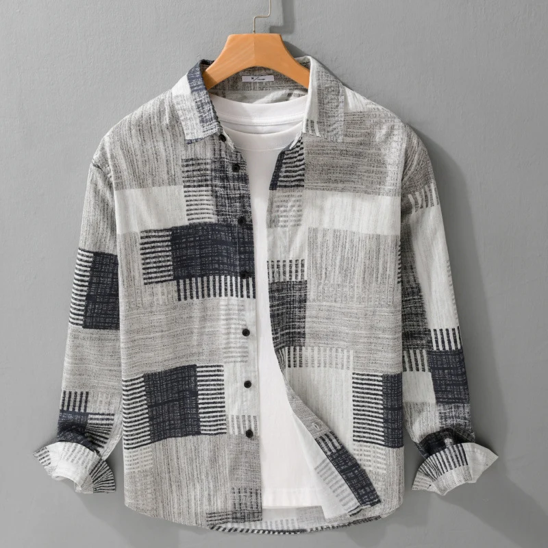 Herren Gemustertes Langarm-Hemd im Patchwork-Look aus leichtem Baumwollmix Relaxed Fit Drune