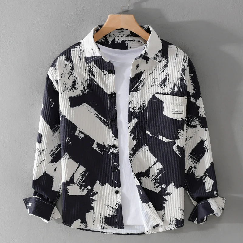 Herren Gekreppte Overshirt‑Hemdjacke mit abstraktem Pinselprint und Brusttasche Drune