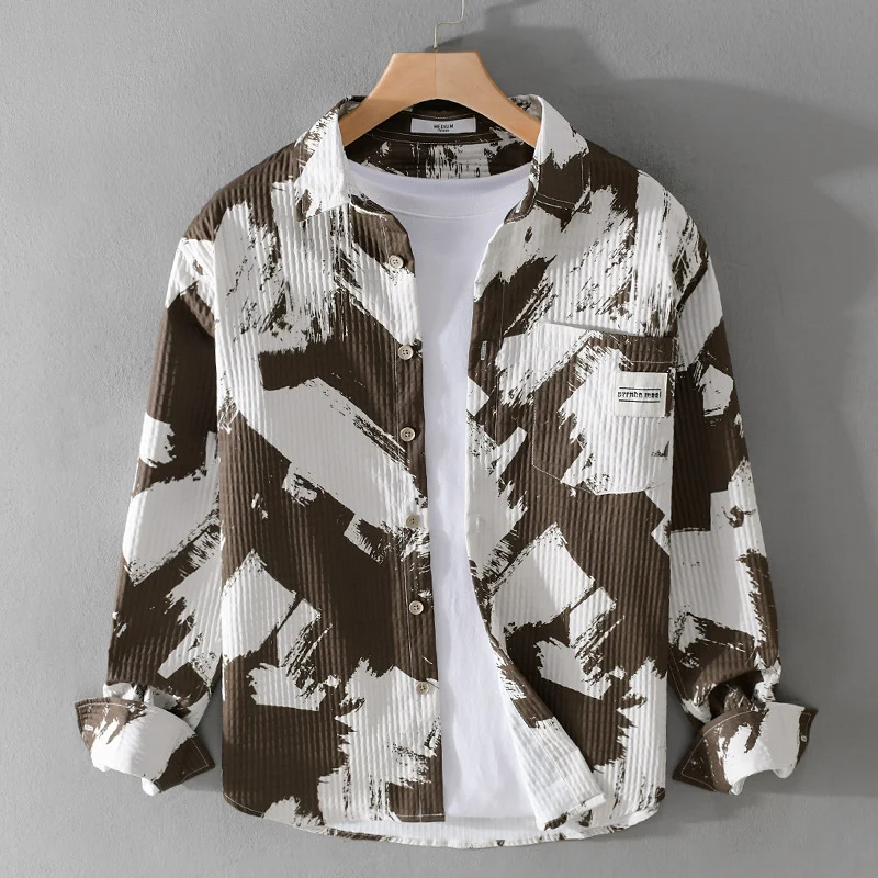 Herren Gekreppte Overshirt‑Hemdjacke mit abstraktem Pinselprint und Brusttasche Drune