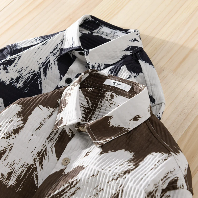 Herren Gekreppte Overshirt‑Hemdjacke mit abstraktem Pinselprint und Brusttasche Drune