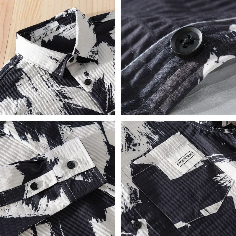 Herren Gekreppte Overshirt‑Hemdjacke mit abstraktem Pinselprint und Brusttasche Drune