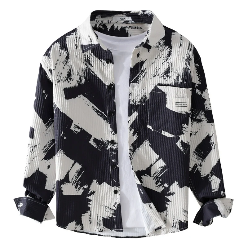 Herren Gekreppte Overshirt‑Hemdjacke mit abstraktem Pinselprint und Brusttasche Drune