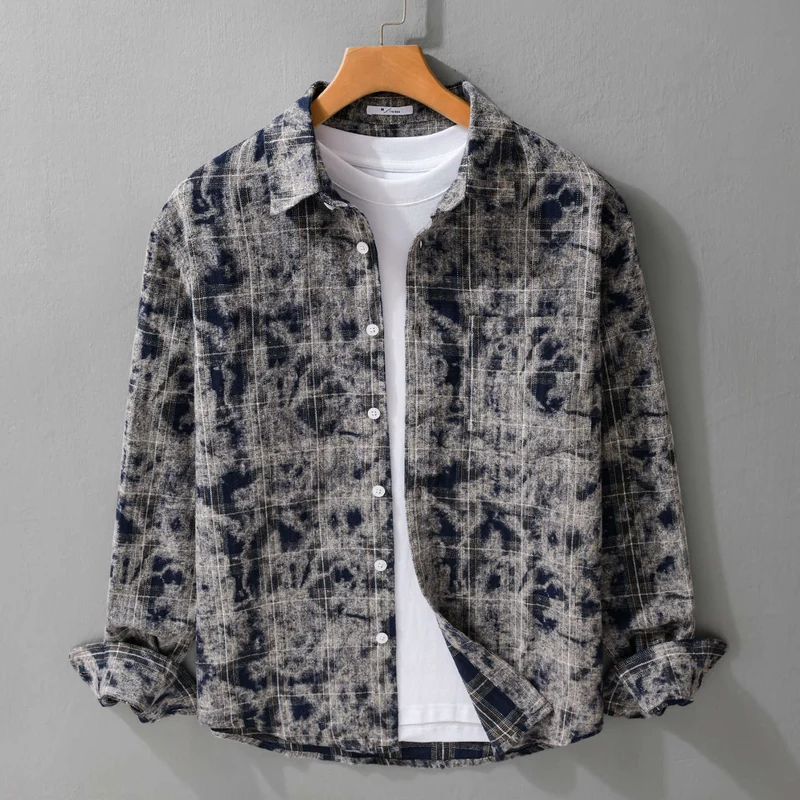 Herren Gebleichte Karo-Flanell-Overshirt Jacke im Used‑Look Drune