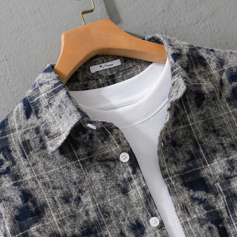 Herren Gebleichte Karo-Flanell-Overshirt Jacke im Used‑Look Drune