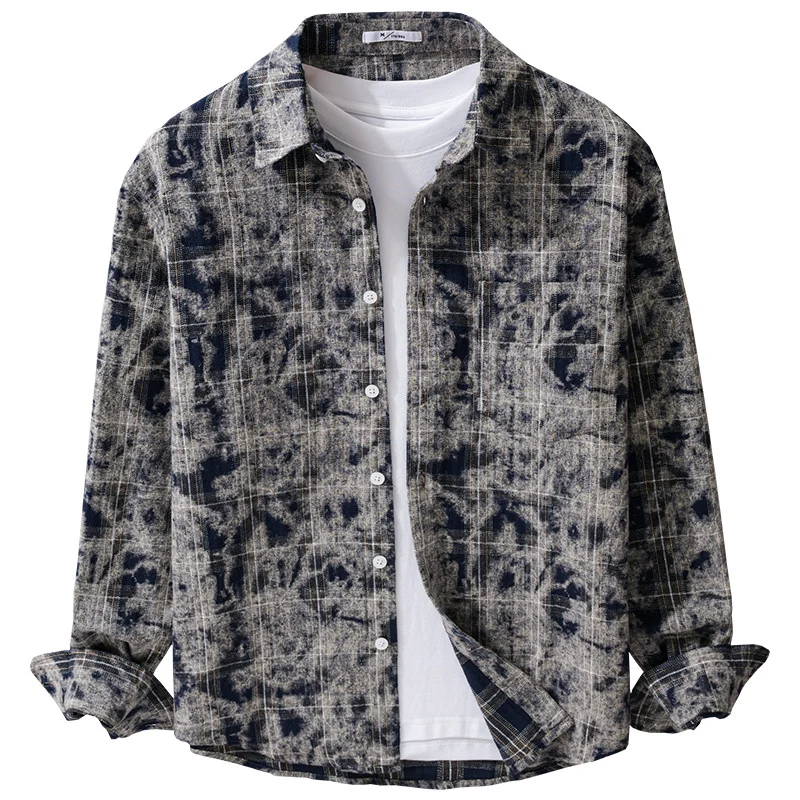 Herren Gebleichte Karo-Flanell-Overshirt Jacke im Used‑Look Drune