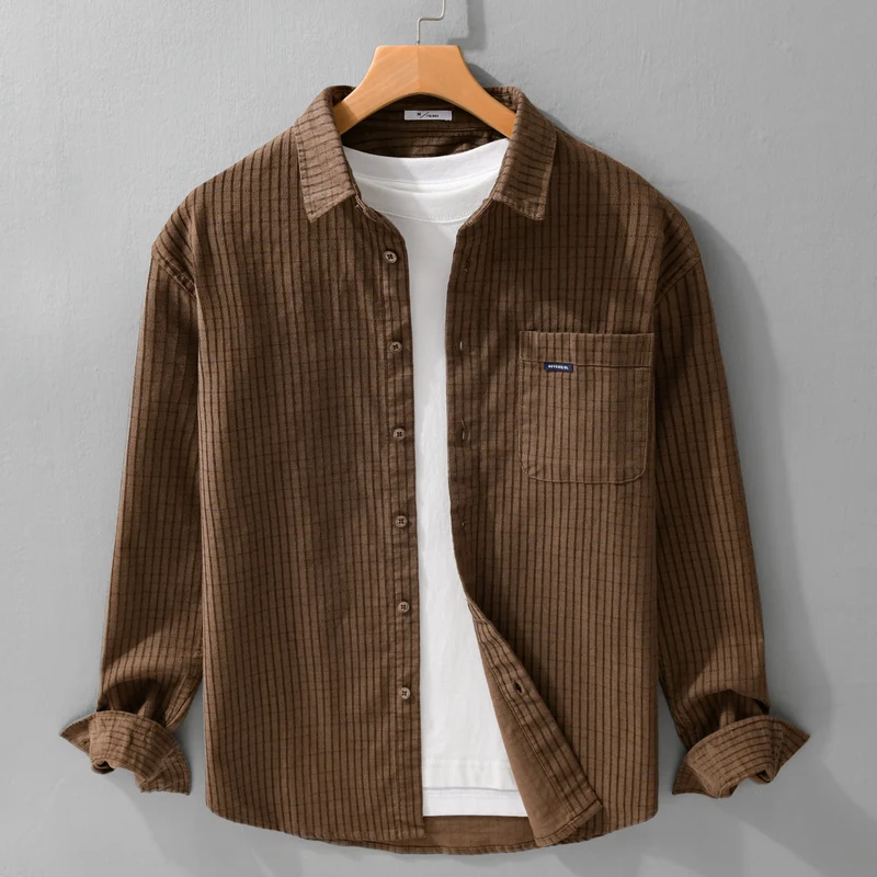 Herren Feinstruktur-Hemdjacke im Cord‑Look mit aufgesetzter Brusttasche Drune