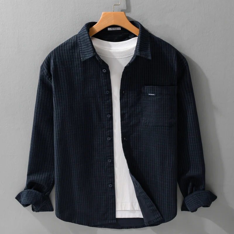 Herren Feinstruktur-Hemdjacke im Cord‑Look mit aufgesetzter Brusttasche Drune