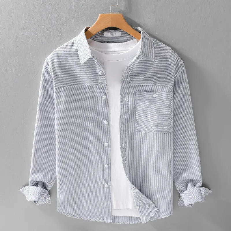 Herren Feines Nadelstreifen-Layering-Overshirt aus leichtem Baumwollmix mit aufgesetzter Brusttasche Drune