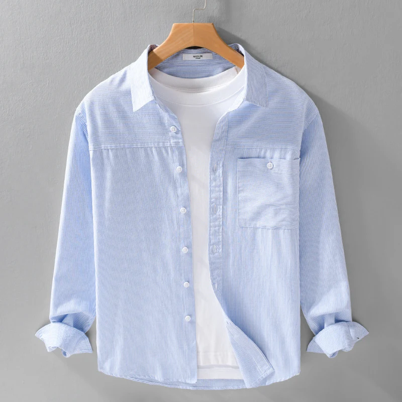 Herren Feines Nadelstreifen-Layering-Overshirt aus leichtem Baumwollmix mit aufgesetzter Brusttasche Drune