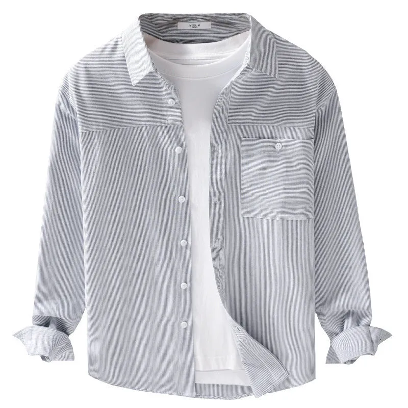 Herren Feines Nadelstreifen-Layering-Overshirt aus leichtem Baumwollmix mit aufgesetzter Brusttasche Drune