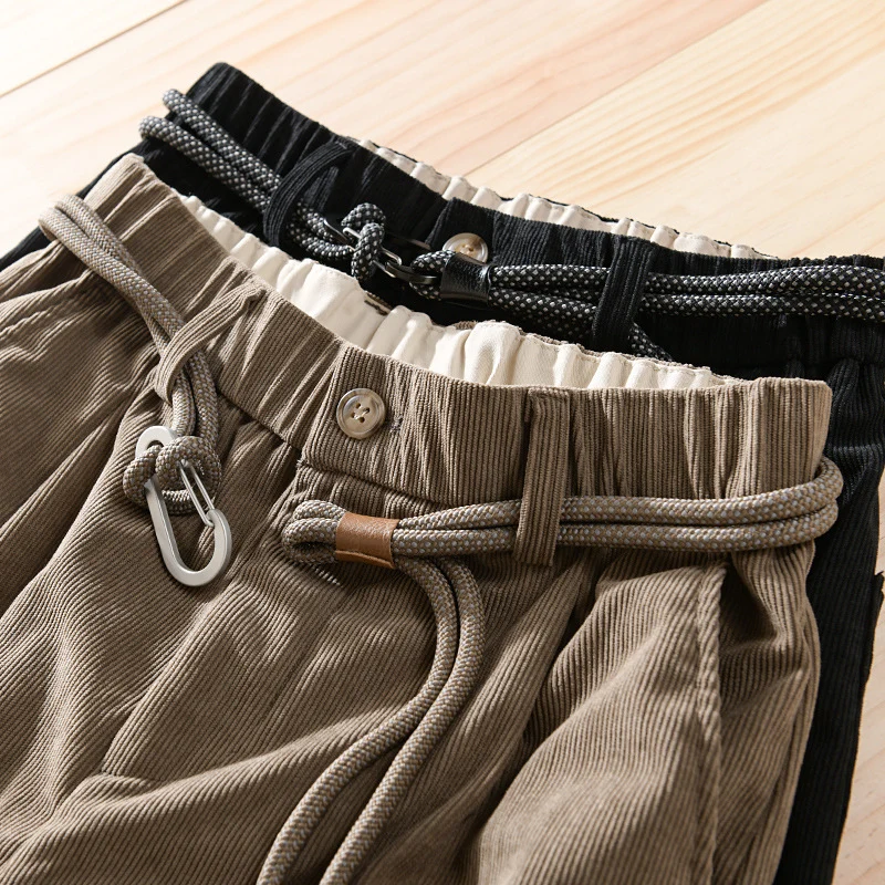 Herren Feinecord-Tapered-Hose mit elastischem Bund, Kordelzug und gekrempeltem Saum Drune