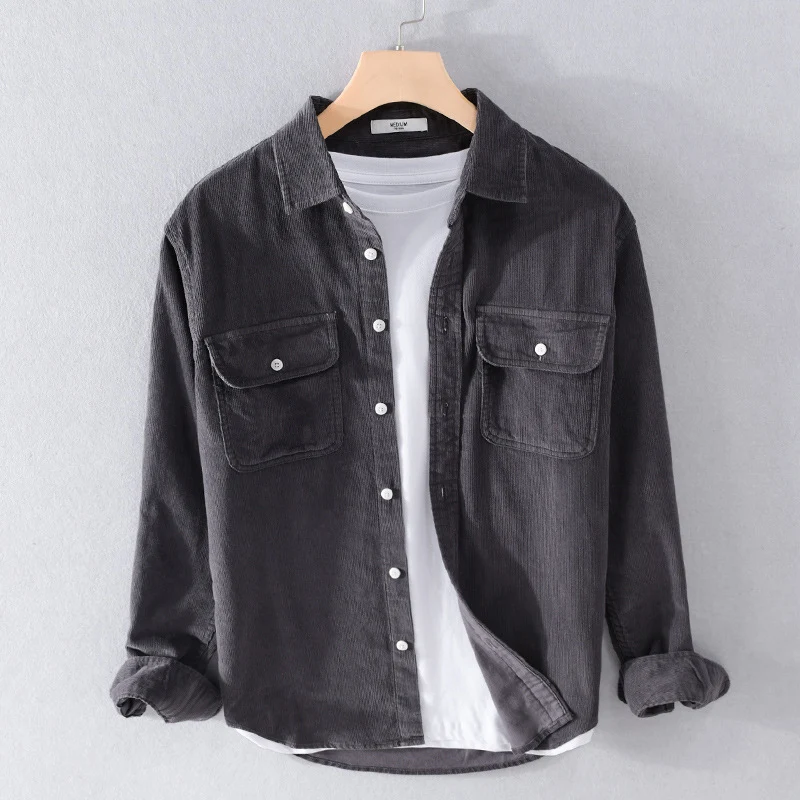 Herren Feincord-Hemdjacke im Worker‑Stil mit doppelten Brustpatten und entspanntem Schnitt Drune