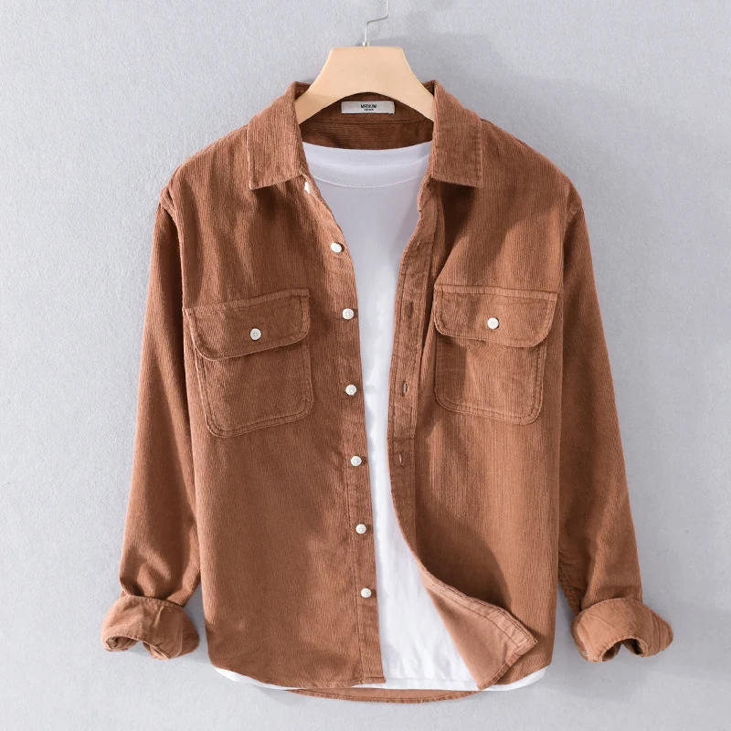 Herren Feincord-Hemdjacke im Worker‑Stil mit doppelten Brustpatten und entspanntem Schnitt Drune