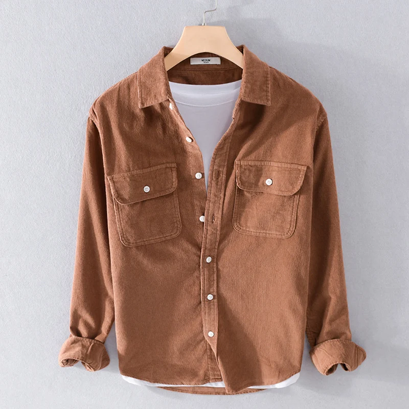 Herren Feincord-Hemdjacke im Worker‑Stil mit doppelten Brustpatten und entspanntem Schnitt Drune