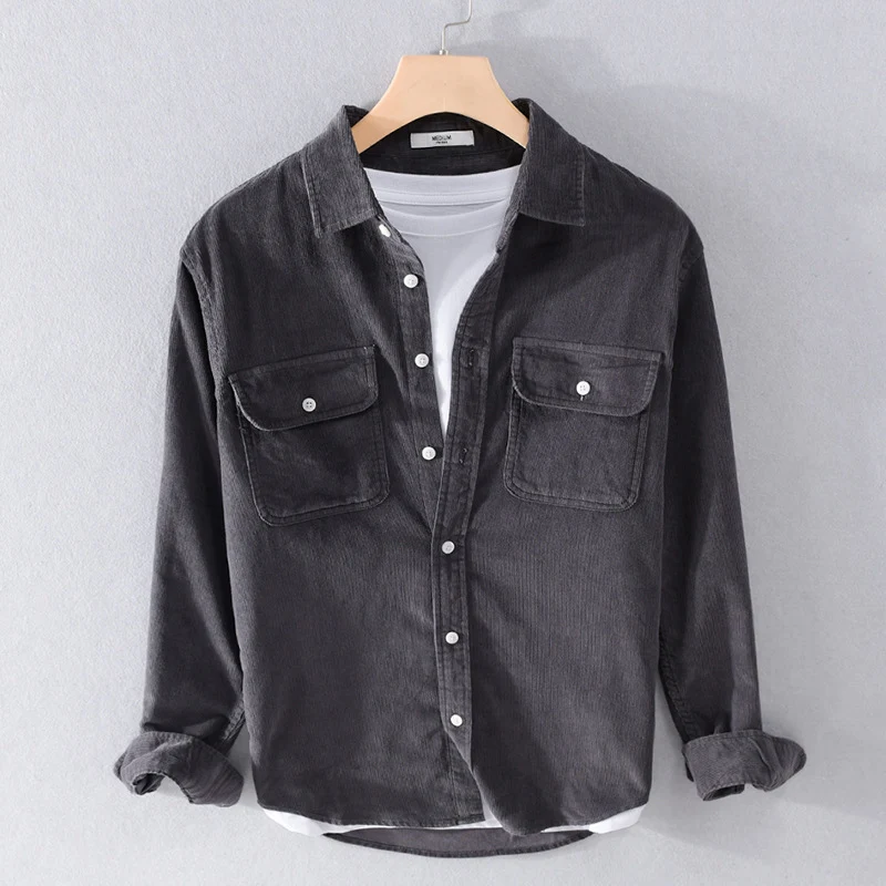 Herren Feincord-Hemdjacke im Worker‑Stil mit doppelten Brustpatten und entspanntem Schnitt Drune