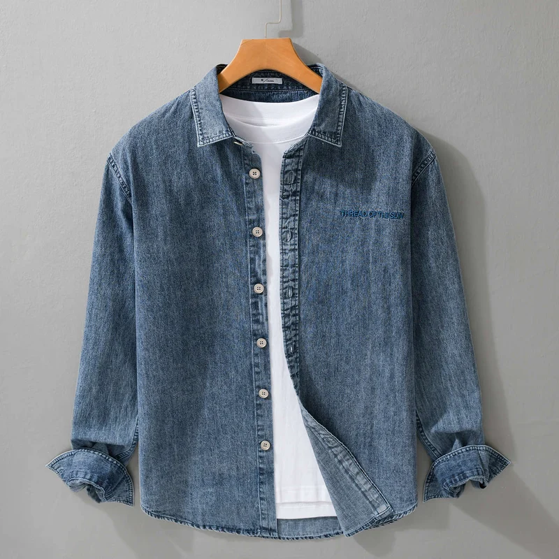 Herren entspanntes Denim-Overshirt mit Knopfleiste und Bruststickerei Drune