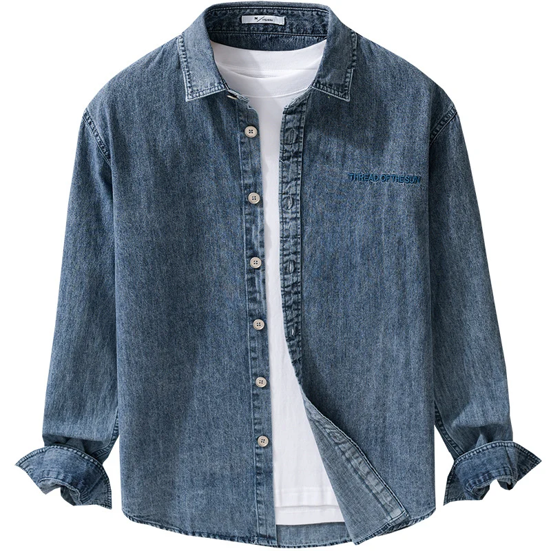 Herren entspanntes Denim-Overshirt mit Knopfleiste und Bruststickerei Drune